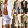 Mens 2 Piece Linen Set Short Sleeve Turn Down Collar Shirts with Pocket and Shorts Summer Beach Pants Pure Men Suits Slim Fit