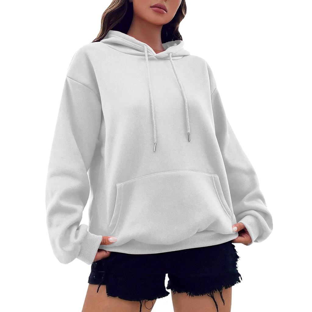 Женская модная осенне-зимняя однотонная свободная флисовая толстовка с длинным рукавом и капюшоном