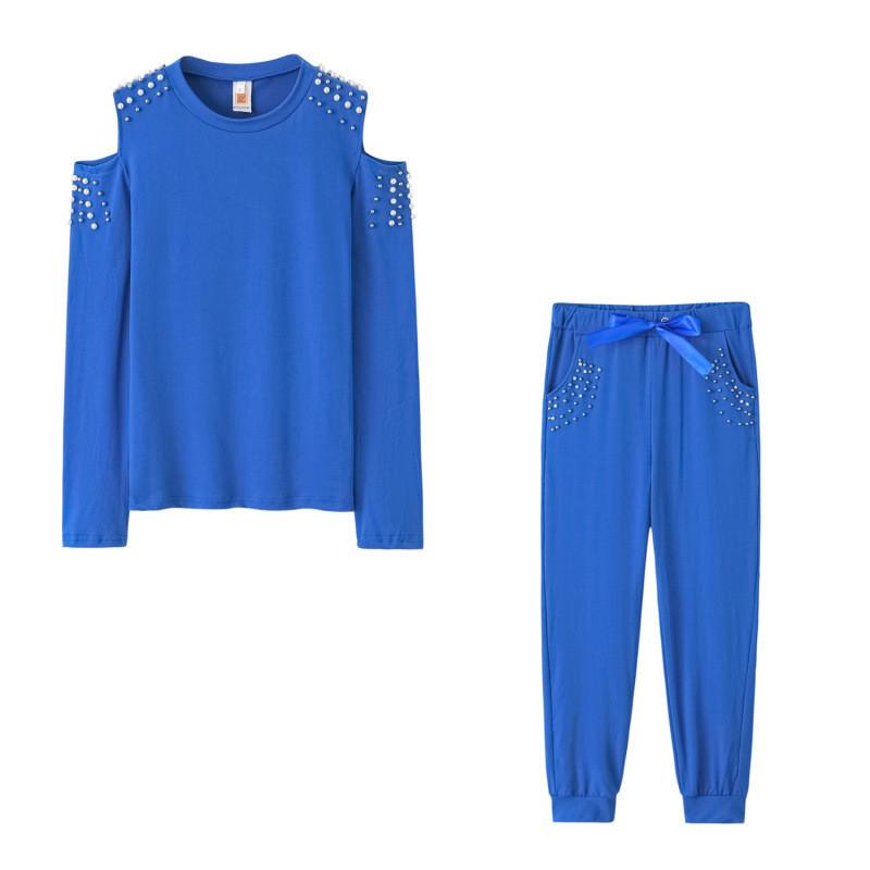 Casual Goth Girl Sportwear Set With Beaded Design And Long Sleeve For Street Fashion