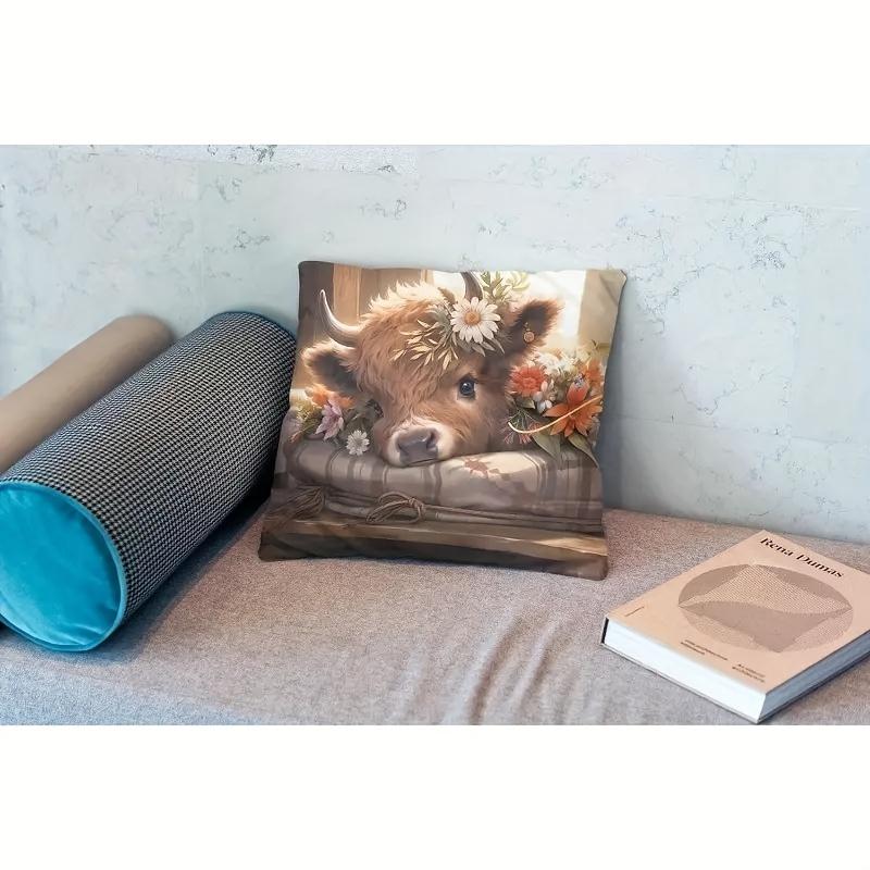 Чехол на подушку с изображением коровы Хайленд 1 шт., Наволочка «Корова с ромашками» с летним цветочным декором, Декоративная подушка «Квіткова корова Хайленд»