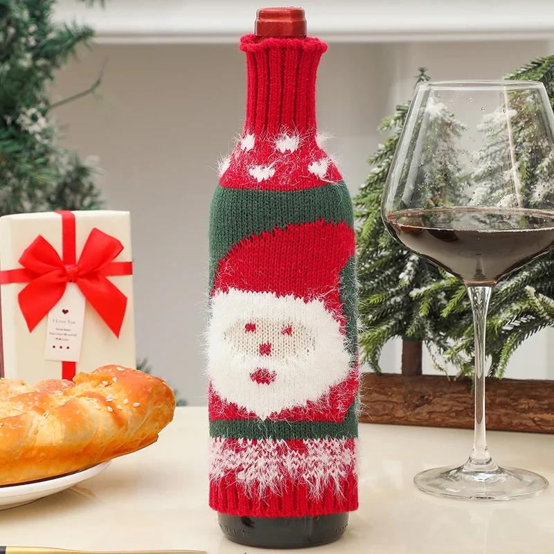 Cute Knitted Wine Bottle Cover Christmas Table Decoration Cartoon Santa Claus Snowman Pattern Red Wine Bottle Decor Xmas Gift