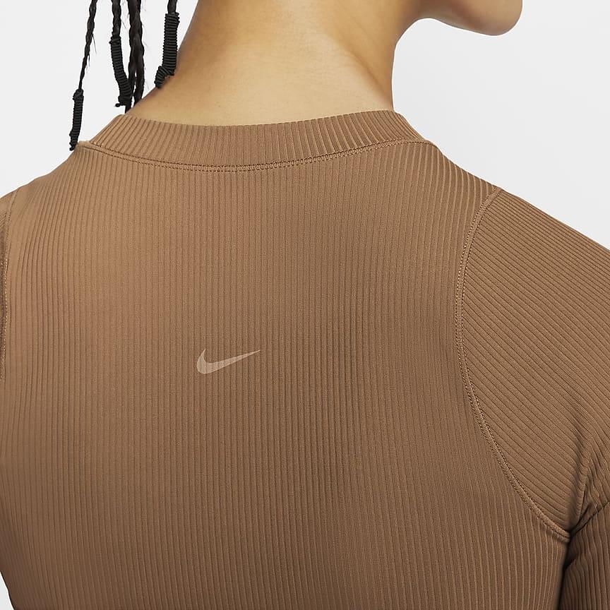 Nike Zenvy Мягкая удобная спортивная дышащая быстросохнущая ребристая футболка с коротким рукавом женская топы светло-британско-коричневый белый HF2773-281