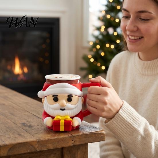 Festive Coffee Cup Sleeve Santa Claus Ice Cream Pint with Handle & Spoon Slot, 3D Winter Holiday Gift Cartoon Insulated Holder for Freezing