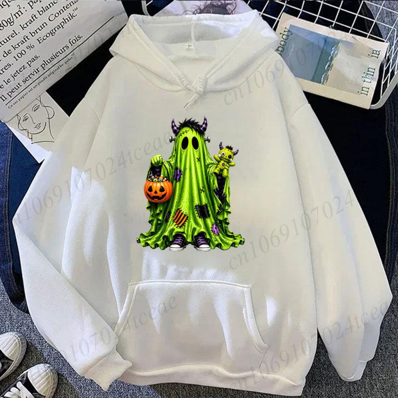Funny Halloween Green Monster Ghost Graphic Hoodies Pumpkin Spooky Funny Halloween Sweatshirts Halloween Party Tops Gifts