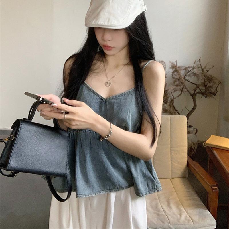 Элегантный повседневный стильный жилет, короткая джинсовая майка с V-образным вырезом, многослойная плиссированная майка с оборками, внутренняя одежда, наружная безрукавка, топы для женщин