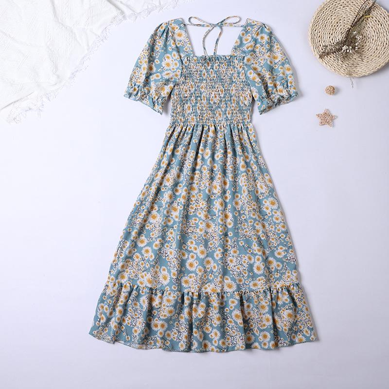 Spring Summer Pleated Women Square Collar Chiffon Dresses Casual Beach Holiday Short Sleeve Square Collar Woman Midi Dress Bohemian Mujer Vestidos