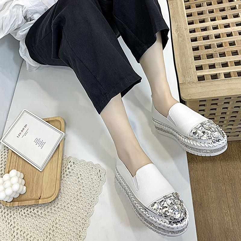 Fashion Aphixta Rhineston Round Toe Leather Flats Shoes Women White Bling Loafers Couple Platform Shoes Woman Chunky Sole Size 43