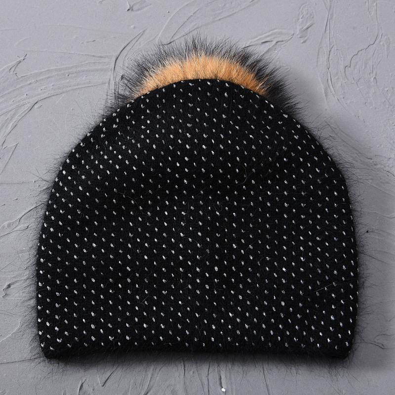 Hat Pompom Of Raccoon Women Winter Beanie Angora Knit Double Layers Warm Accessory For Autumn Cold Weather Sports Skiing Outdoor