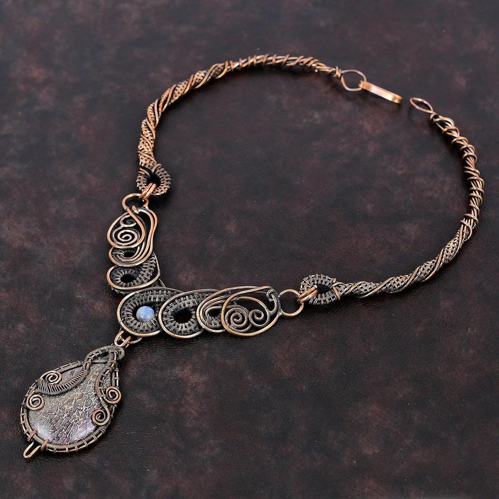Ожерелье из кости динозавра и драгоценного камня, ожерелье из медной проволоки, медные украшения, ожерелье из лунного камня, подарок на годовщину, ювелирные изделия ручной работы из проволочной обмотки