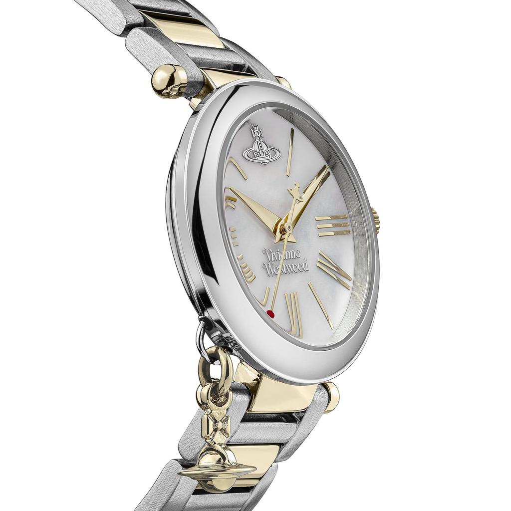 VIVIENNE WESTWOOD Mother Orb 32mm Quartz Analog Display Watch with MOP Dial Stainless Steel Women's & Two-Tone Bracelet, White, Traditional.