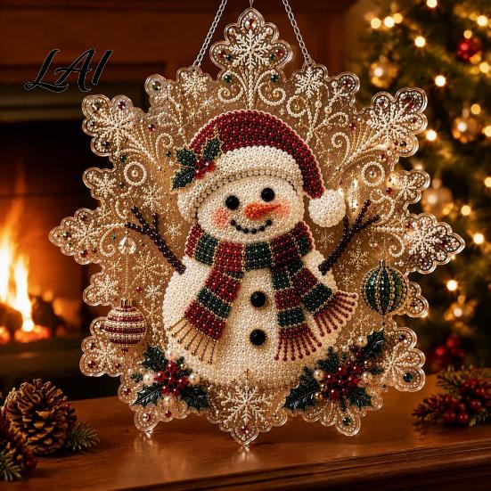 Festive Wall Hanging Ornament Christmas Faux Pearl Painting Suncatcher Kit Acrylic Snowflake Shaped Board with Lace Crystal Beading Craft Set