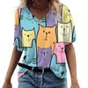 Short Sleeve Women's T-Shirt V Neck Cat Anime Cartoon Print Women's Clothing