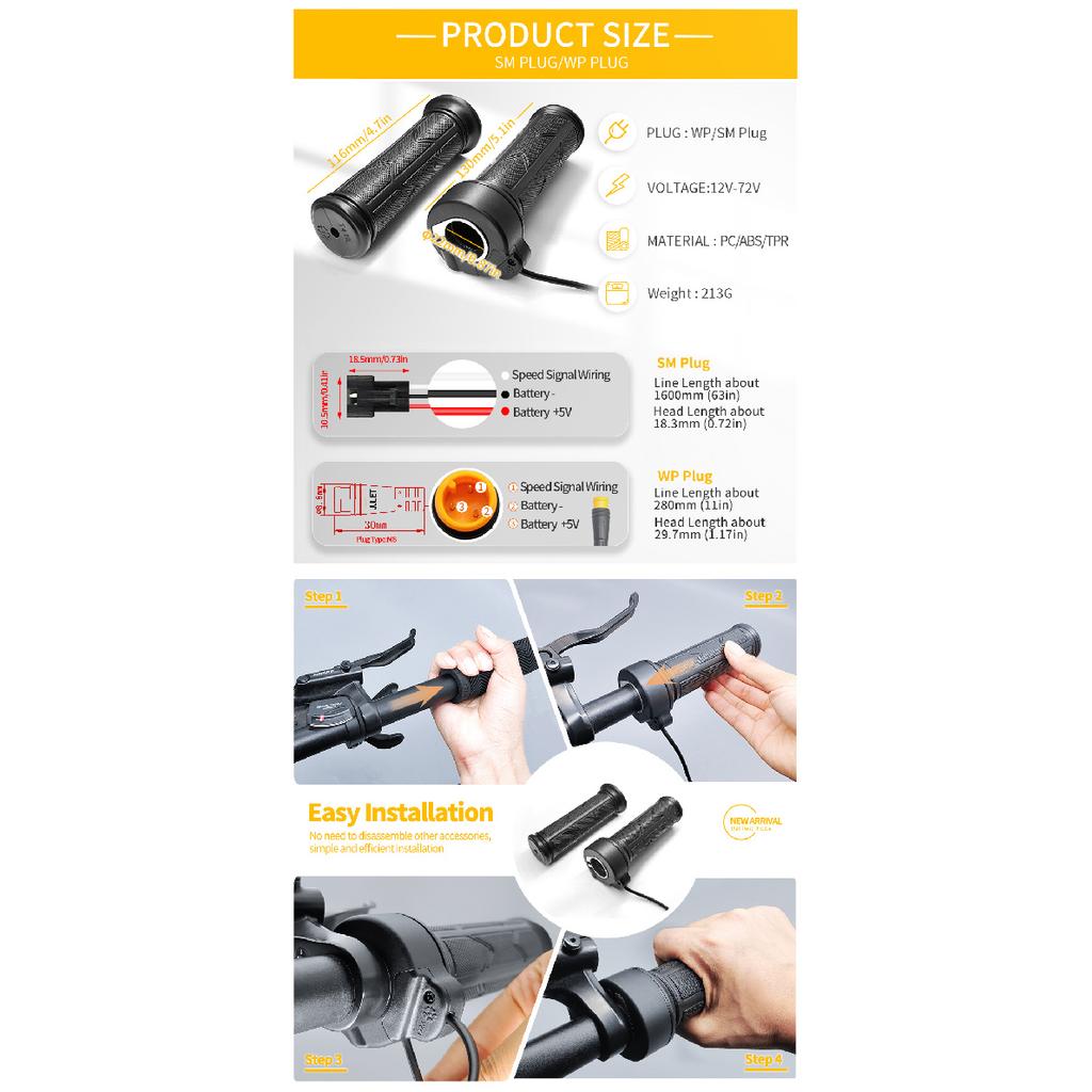 WUXING 192X Full Twist Throttle Electric Bicycle Right Handle Throttle Waterproof/SM Connector for E Bikes or Electric Scooter Throttles 2