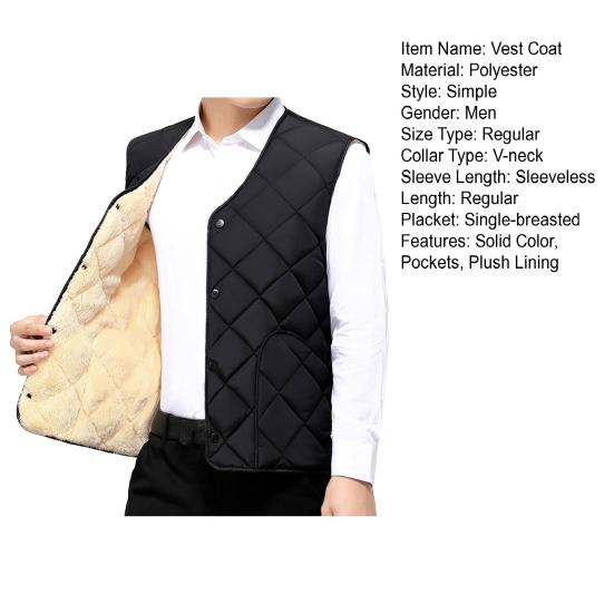 Men Vest Coat V-Neck Sleeveless Single Breasted Solid Color Waistcoat with Pockets Thickened Plush Lining Vest Jacket