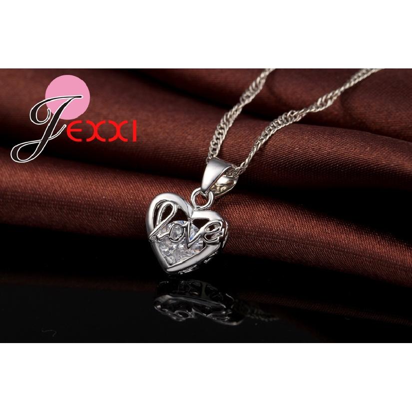Classic Luxury 925 Sterling Silver Shinning CZ Stone Love Letter Heart Shape Necklace Earring Set Wedding Jewelry Sets