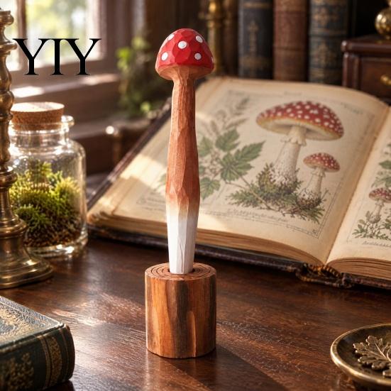 Fine Point Gel Pen Wood Carving Mushroom Pen, Shape Writing with Base, Student 0.5MM Smooth for Students School Office Desk Accessories