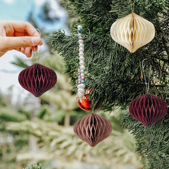 6 Pcs Honeycomb Christmas Ornaments 3D Mini Glitter Edge Paper Honeycomb Lantern Vintage Foldable Xmas Tree Hanging Decoration for Holiday Party