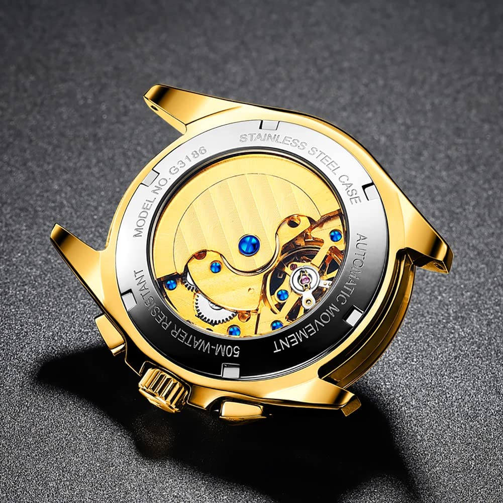 Gold Automatic Watch Luxurious Gentleman Skeleton Tungsten Sapphire 5 ATM Water Resistant Date Luminous Day of the Week Men's