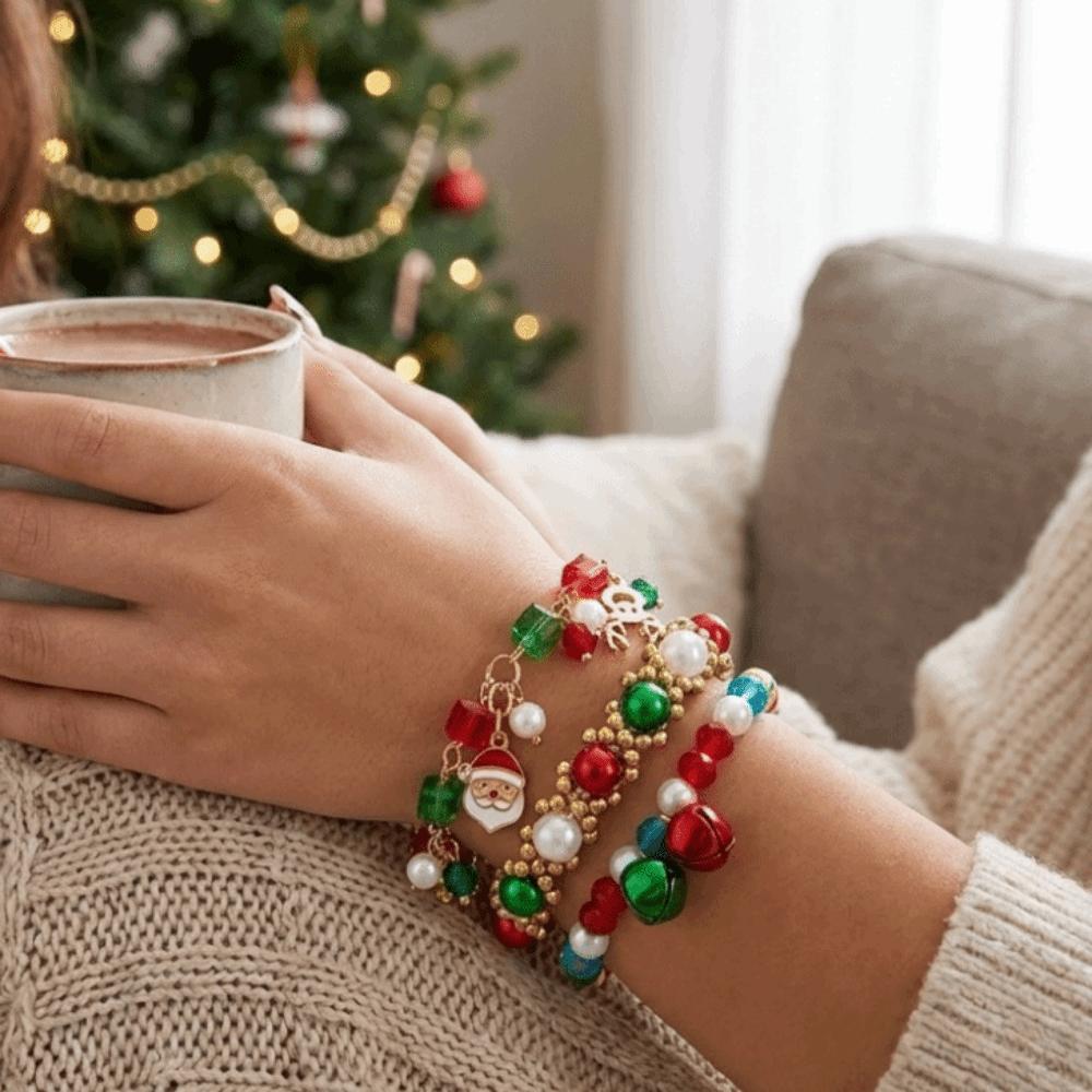 Red Green Christmas Bracelet Set Layered Stackable Bracelets Chic Beaded Hand Chain Women