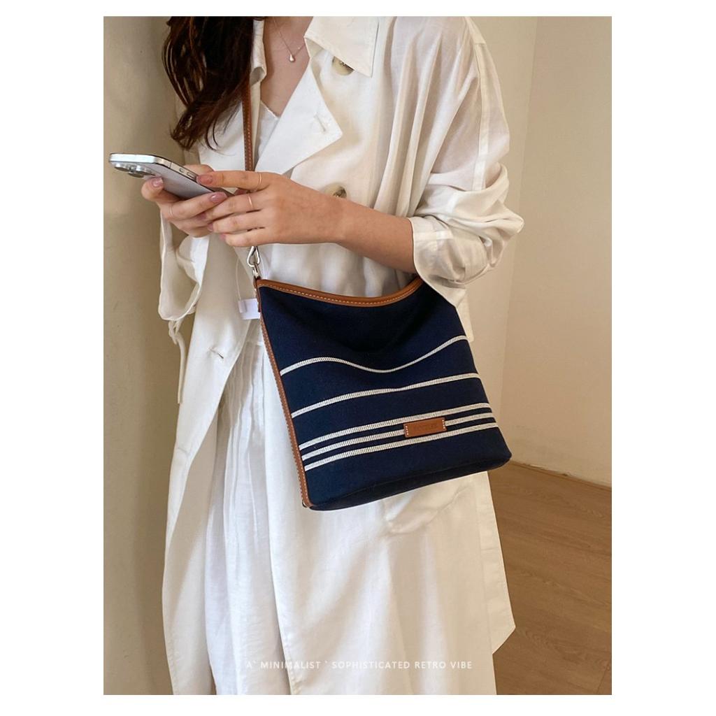 Shoulder Bag Women CanvasStriped Design Adjustable Strap Daily Commute