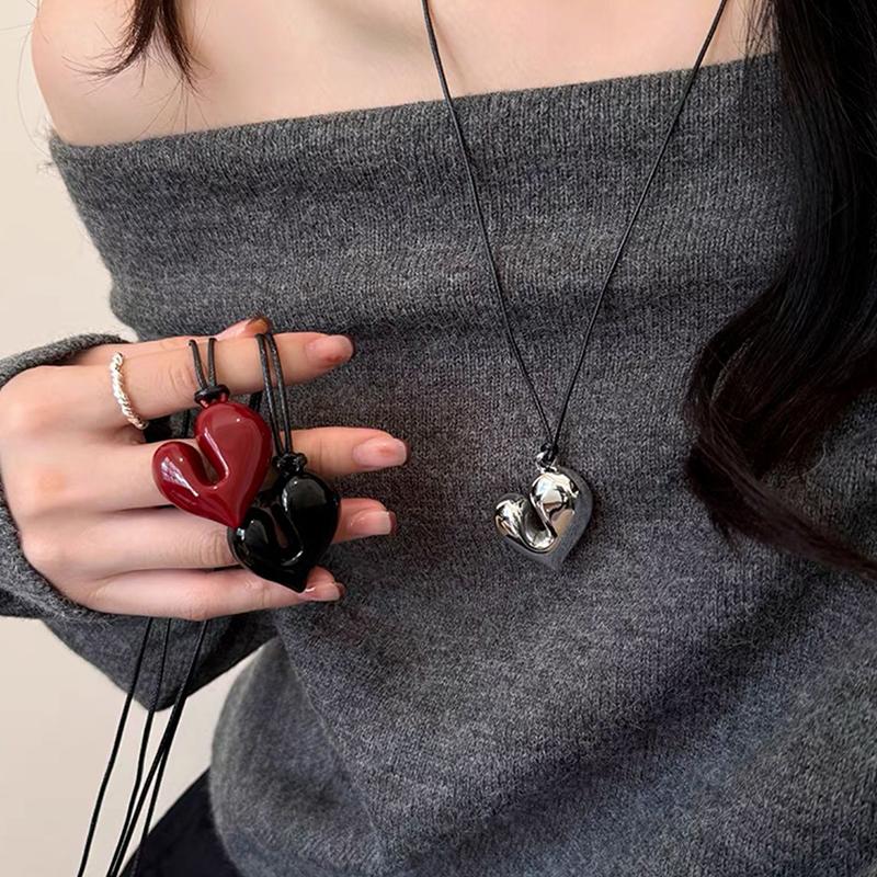 Irregular Heart Pendant Necklace For Women Girls Sweet Adjustable Pull-Out Sweater Chain Jewelry Accessories Gifts