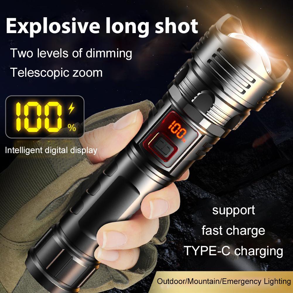LED Strong Light Digital Display Flashlight High Power LED Flashlight Powerful TYPE-C Rechargeable COB Flashlight With Side Ligh