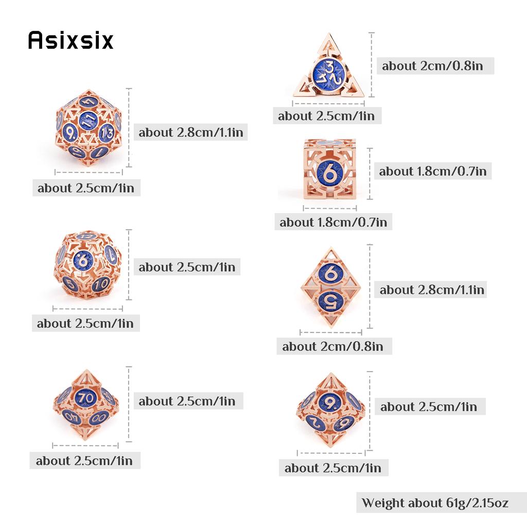 7 Pcs  Copper Blue Metal Dice Circular Hollow Metal Polyhedral Dice Set Suitable for Role-Playing RPG  Board Game Card Game