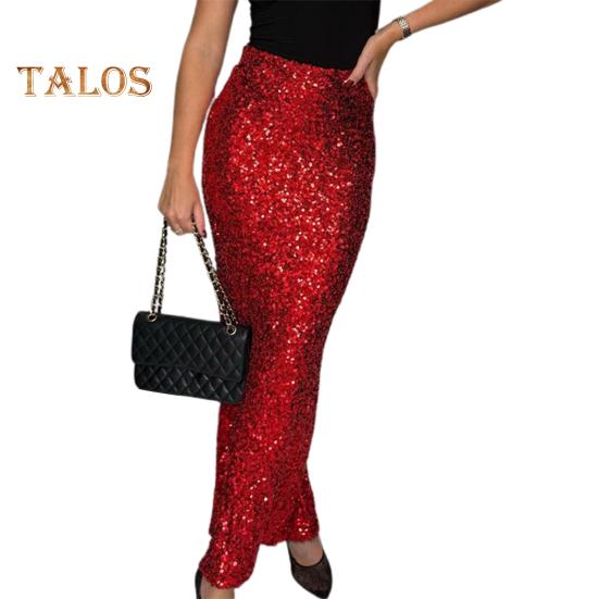 Maxi Skirt High Waist Solid Color Long Skirt with Shiny Sequin Decoration Home Commuting Street Leg-lengthening Skirt