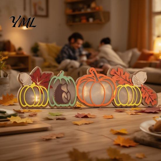 Autumn Harvest Table Decor Fall Thanksgiving LED Tabletop Decor, Maple Leaf Themed Lighted Wooden Pumpkin Ornaments Centerpiece, Ornament for