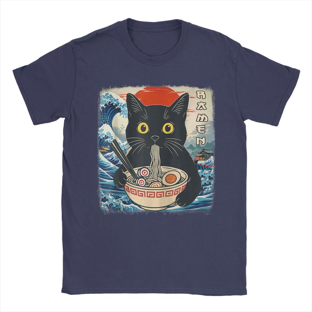 Funny Japanese Black Cat Ramen T-Shirt Men Crew Neck 100% Cotton T Shirts Kawaii Noodle Cat Short Sleeve Tees Birthday Gift Tops