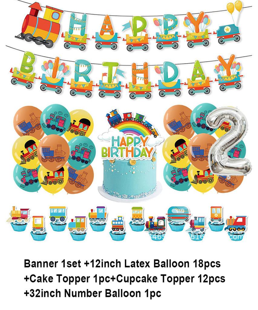 Cartoon Train Theme Birthday Party Decoration Number Balloons Cake Topper Transportation Vehicles Backdrop Banner Party Supplies