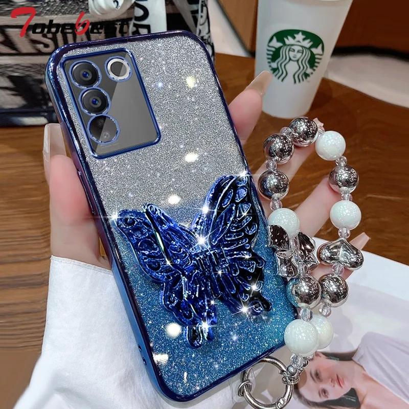 3D Butterfly Phone Holder Bead Bracelet Glitter Plating Case for Samsung Galaxy A14 A24 A34 A54 A15 A25 A35 A55 4G 5G Cover