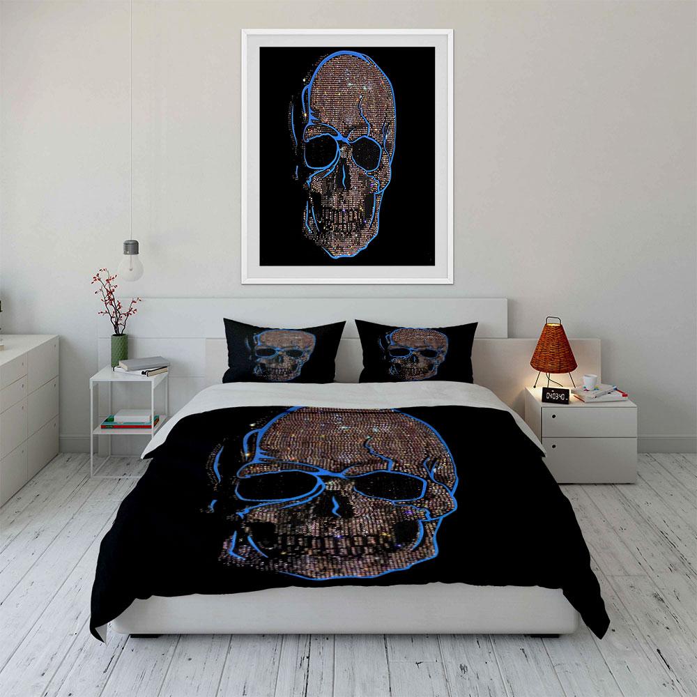 Edgy Gothic Bedding Set,Striking Illustration of Sparkling Rhinestone Skull with Blue Outline Print Duvet Cover,Bedroom Decor