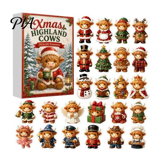 Cute Cartoon Animal Ornament 2026 Highland Cow Advent Calendar, 24 Day Christmas Countdown Calendar with 2D Acrylic Collectible Tree Hanging
