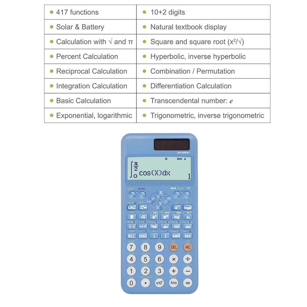Scientific Calculators Math Calculator with 417 Function 10+2 Digits Display Dual Power Supply Ideal for Teachers