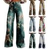 Women Jeans Button Zipper Fly Straight Leg Denim Pants with Pockets Digital Flower Print Long Trousers Streetwear