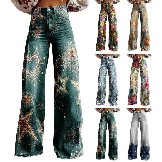 Women Jeans Button Zipper Fly Straight Leg Denim Pants with Pockets Digital Flower Print Long Trousers Streetwear