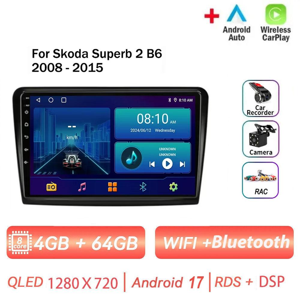 Autoradio Android 17 pour Skoda Superb 2 B6 2008-2015 avec Carplay, Navigation, Lecteur Multimédia, GPS, WiFi+4G, Vidéo, BT, Unité Centrale 2 DIN