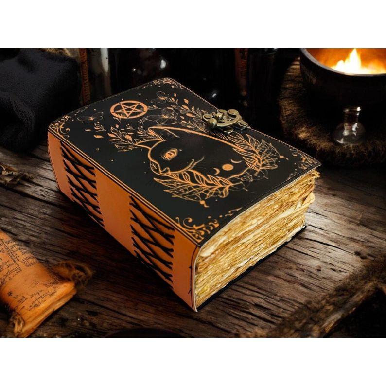 Grimoire Celtic Cat Book of Shadow -Leather Journal- Blank Spell Book - Witch Wiccan Notebook Journal for Women Christmas Gifts