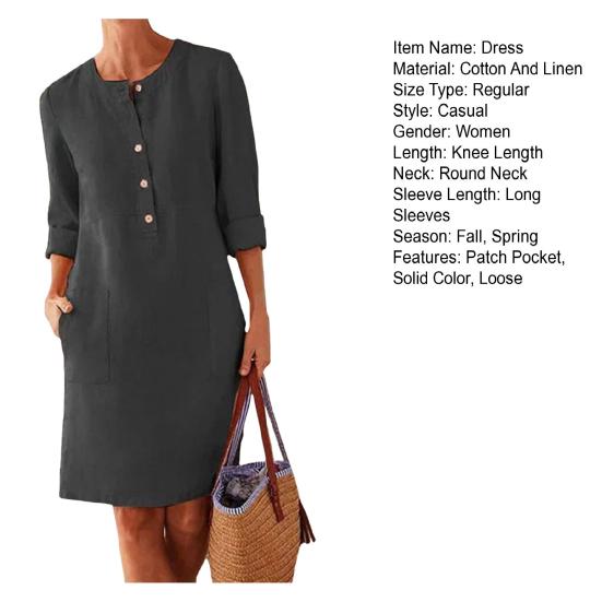 Осень-весна Женское платье Круглый вырез Однотонные пуговицы Свободные длинные рукава Накладной карман Длина до колена