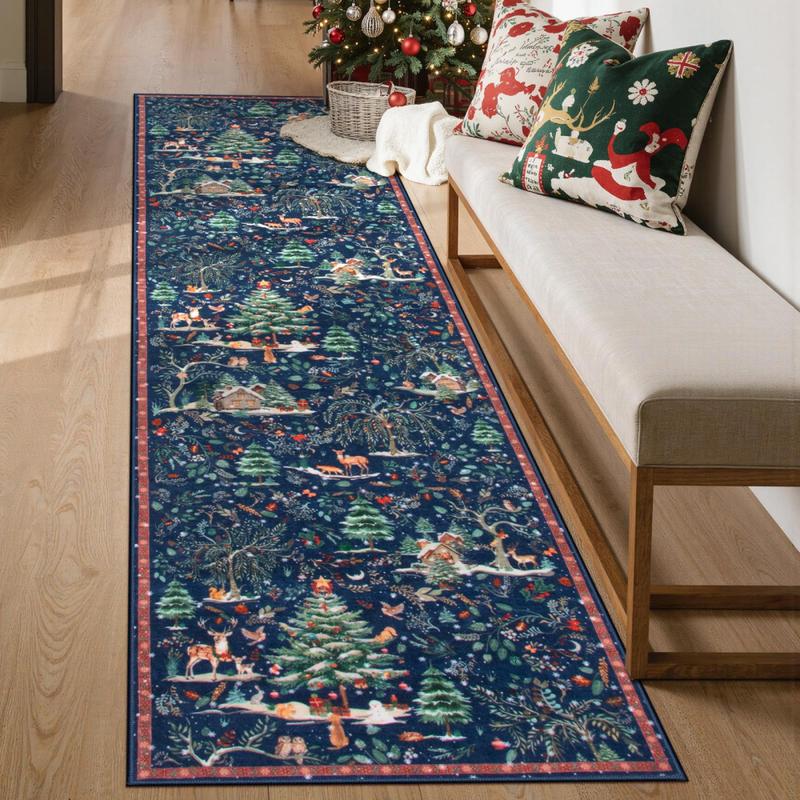 Christmas Runner Rug Xmas Tree Print Hallway Mat Non Slip Washable For Kitchen Bedroom Entryway Holiday Home Decor