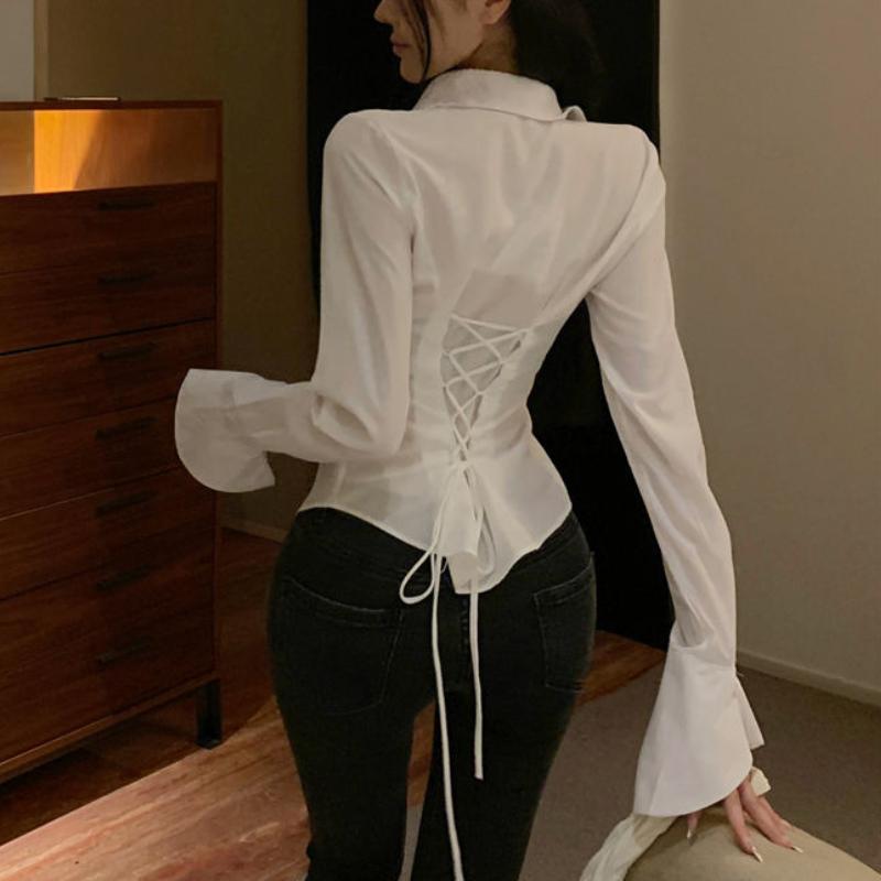 Gidyq модные женские бандажные рубашки корейская универсальная уличная одежда женская тонкая блузка весенняя повседневная белая рубашка с рукавами-колокольчиками новая