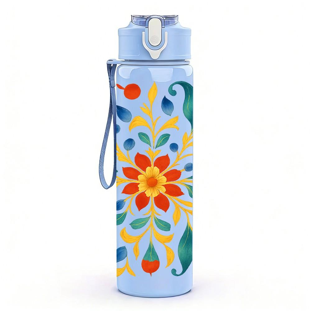 1PC Moroccan Tile Colorful Floral Print 750ml Color Plastic Sports Water Bottle Leakproof Flip Straw Lid Suitable for Sports Office Home Use