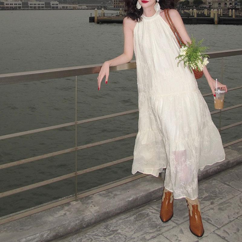 Винтажные летние платья без рукавов с подвесной шеей и кружевной вышивкой на шее