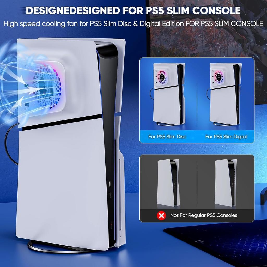 Вентилятор охлаждения RGB с защитной пластиной для PS5 Slim Digital/Disc, автоматическая регулировка скорости с помощью датчика температуры, 3 ручных скорости вентилятора и концентраторы USB3.0, система охлаждения
