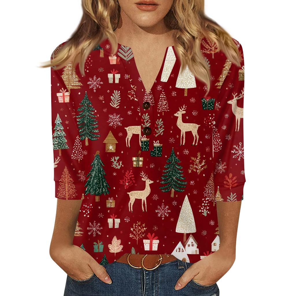 Женская футболка с рождественским принтом, на пуговицах, рукав 3/4, повседневная, выходного дня, модная, базовая, с V-образным вырезом, стандартный топ
