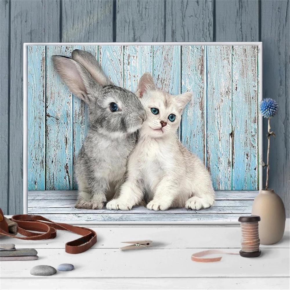 Полный квадратный дрель, алмазная вышивка, кошка, животное, набор страз, распродажа, алмазная живопись, кролик, ручная работа, подарок, декор для дома