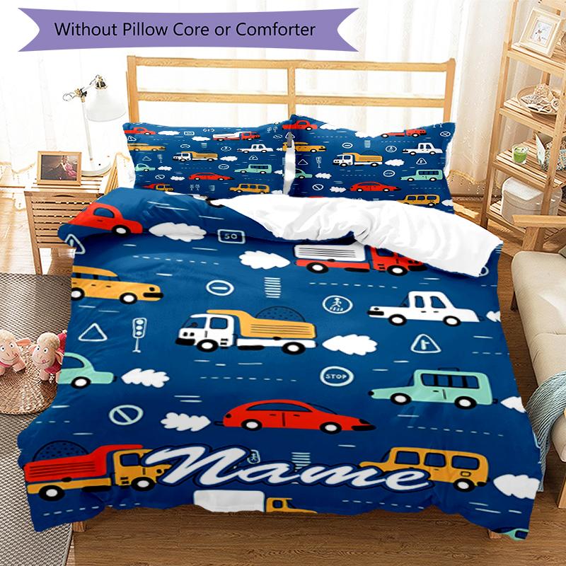 3pcs Custom Name Cute Cars Bedding Set Duvet Cover Closure Includes 1 Duvet Cover & 2 Pillowcases, Soft and Comfortable for All Seasons.