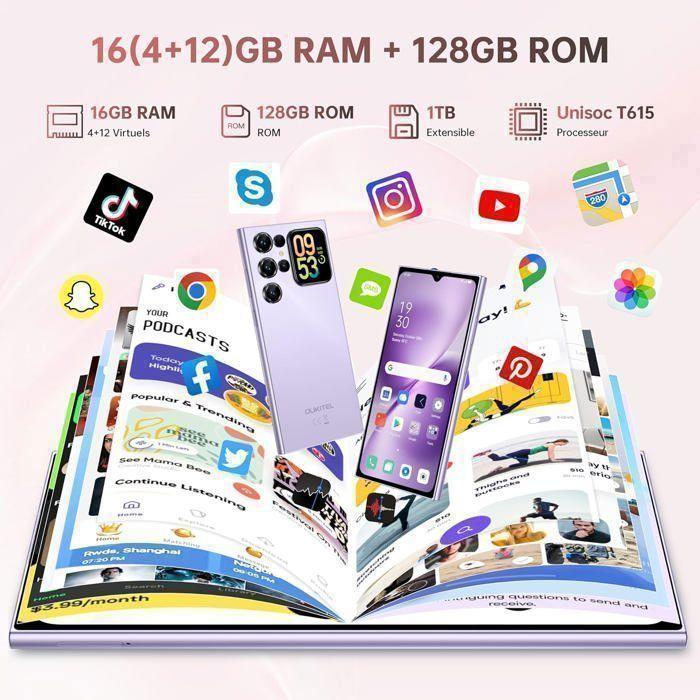 Telephone Portable OUKITEL C62 16GB+128GB 6,88" 5150mAh Smartphone Android 15 13MP Caméra Dual SIM 4G/NFC/Fingerprint/Face ID Or