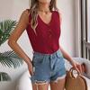 HNXC Summer Solid Color Button V-neck Cuffed Sleeveless Top Vacation Knitted Sweater Women's Wear